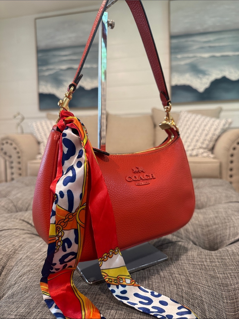 Coach Bag Teri Orange Pebbled Leather Small Shoulder Bag with Scarf Accent - Picture 3 of 17